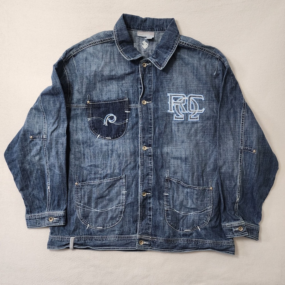 Vintage Y2k Rocawear Denim Mens 3XL Blue Denim Hip Hop Skater Embroidered